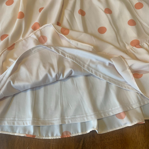 Lauren Conrad Dress Large White Peach Polka Dots Faux Wrap MIDI Flutter Sleeves - Picture 4 of 11